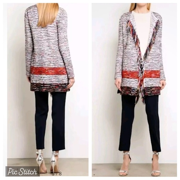 St. John Black Label Womens Vertical Fringe Tweed Knit Waterfall Cardigan size L - Picture 1 of 14